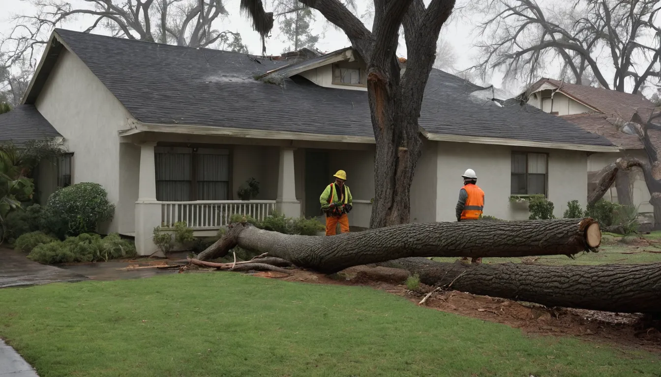 Tree provider assessing a fallen tree near a stucco home in Oakland