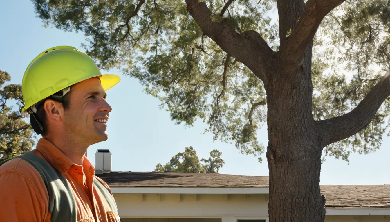 A tree service professional inspects a large tree beside an older stucco home in Oakland